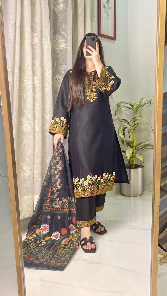 Black Cotton Embroidery Three Piece Set